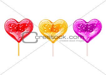 Set of romantic lollipops in the shape of a heart. Sweetness for Valentines day. Vector illustration.