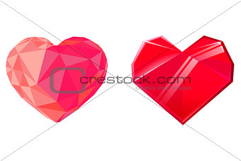 Two red crystal hearts isolated on white background. Design element for Valentines day. Vector illustration.