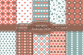Collection of seamless patterns with hearts in retro colors. Vintage cute backgrounds