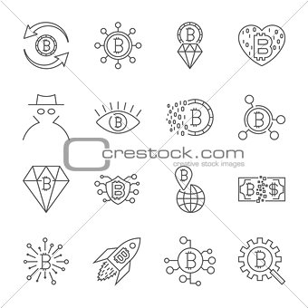 Digital money, bitcoin vector line icons, minimal pictogram desi
