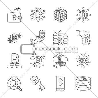 Vector Line Cryptocurrency Icons. Thin Outline Bitcoin Symbols.
