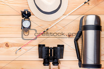 top view objects to search for fish and fishing on the wooden fl