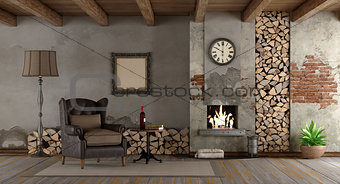 Retro living room with fireplace