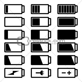 Battery flat black icon set vector illustration isolated on white background