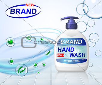 Antibacterial hand gel wash ads, dispenser bottle with transparent bubbles isolated on background. 3d realistic antiseptic banner. vector illustration