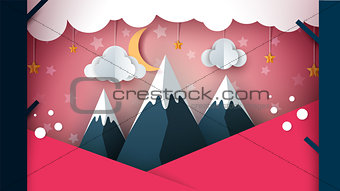 Paper mountain - cartoon landscape. Cloud, moon, mountain, tree.