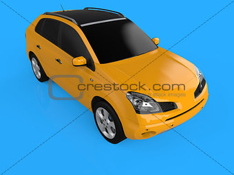 Compact city crossover yellow color on a blue background. The view is on the right front and slightly above. 3d rendering.