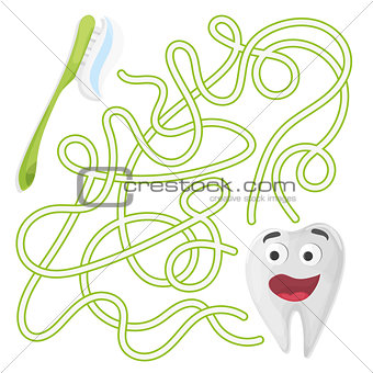Cartoon Education Maze or Labyrinth Game for Children with Cute Tooth and Brush