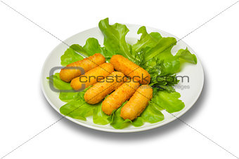 Cheese sticks with salad leaves on a white plate on a white background