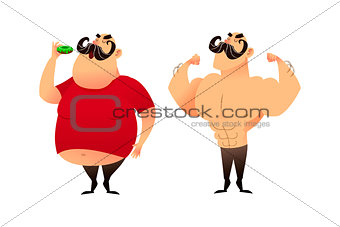 A fat guy and an athlete. Before and after. Doing sports and eating healthy concepts. A man with obesity is eating a donut. The strongman and the wrestler show their muscles. Successful weight loss and great shape.
