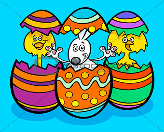 Easter bunny and chickens cartoon illustration