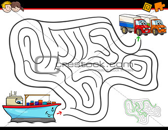 cartoon maze activity with ship and trucks