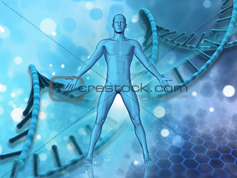 3D medical background with male figure on DNA strands background