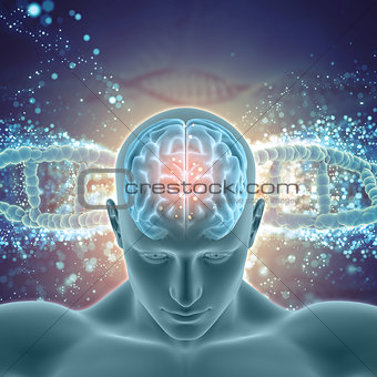 3D medical background with male figure with brain highlighted on