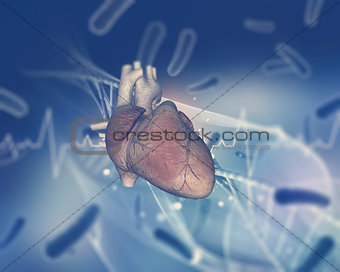 3D medical background with heart on abstract background