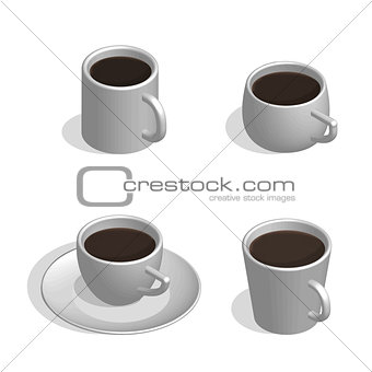 Set of white cups for coffee in 3d, vector illustration.