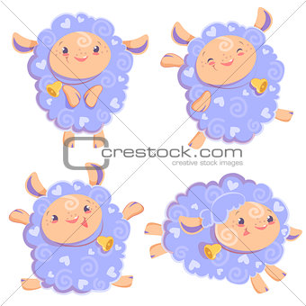 Vector illustration clipart set of cute funny pink girl sheep dancing running jumping staying with bell for kids and babies print and textile design, wall design, stickers, art