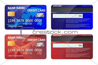 Realistic blue and red bank credit card template isolated. Bank plastic credit card mockup with colorful abstract design and world map for banking. Vector illustration