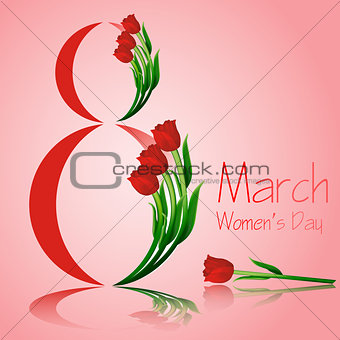 Elegant greeting card design with tulips for International Women s Day celebration on red shiny background. 8 march postcard concept. Vector illustration.