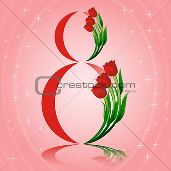 Elegant greeting card design with tulips for International Women s Day. 8 march postcard concept with Glowing magic light. Vector illustration.