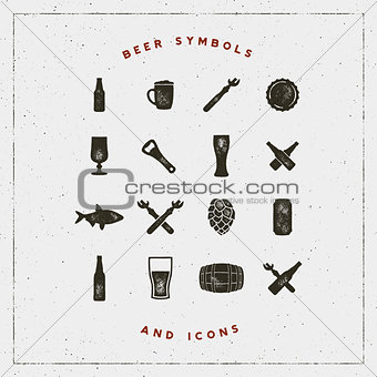 set of beer symbols and icons with letterpress effect. vector illustration