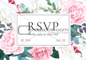 Floral wedding invitation with pink roses. Botanical RSVP card template. Hant drawn vector illustration.