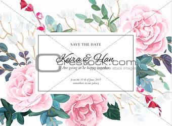 Floral wedding invitation design with pale pink roses on the white background. Romantic vector design.