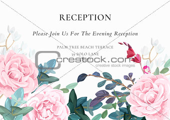 Light wedding design with pink roses, eucaliptus branches and white flowers. Refined reception card design. Vector illustration.