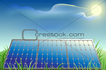 Solar battery power, green grass, blue sky and bright sun