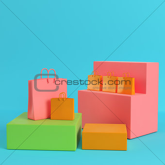Shopping bags on colorfull boxes on bright blue background in pa