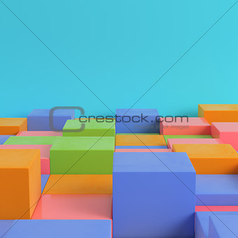 Colorfull boxes on bright blue background in pastel colors. Mini