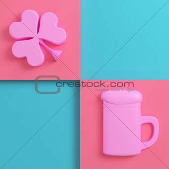 Clover and beer mug on bright red blue background in pastel colo