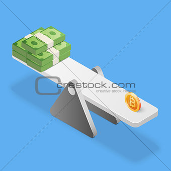 Bitcoin and dollars stack on scales. Business concept. Isometric vector illustration