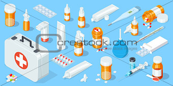 Big set of medical equipment and pharmacy. First Aid Kit. Isometric vector illustration