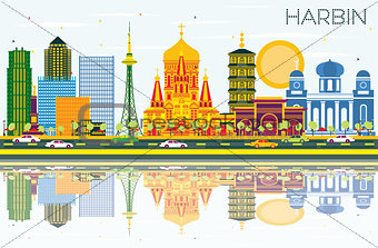 Harbin China Skyline with Color Buildings, Blue Sky and Reflecti