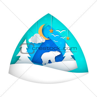 Polar bear. Cartoon bear illustration. Moon, cloud, star, bird, fir.