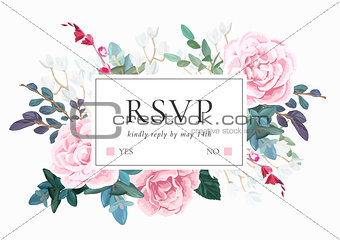 Floral wedding invitation with pink roses on white background. Horizontal RSVP or save the date template. Classic vector design.