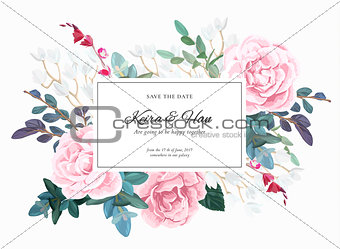 Botanical wedding invitation design with pale roses, succulents, eucaliptus flowers and green leaves on white backround. Floral bouquet decoration. Vector illustration.