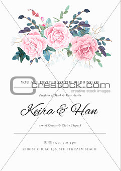 Fresh and light wedding invitation with a bouquet of roses, leaves and spring plants. Elegant vertical card template. Vector illustration.
