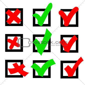 Icon sign green a red to vote Yes and No In a square box against