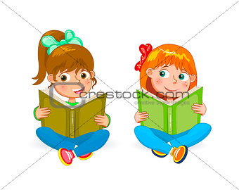 Two little happy girls read books  