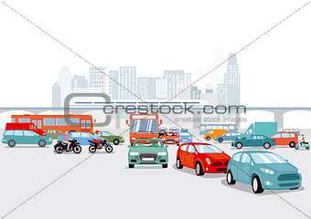 Big city with cars, traffic illustration