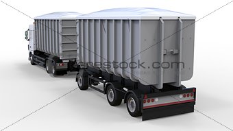 Large white truck with separate trailer, for transportation of agricultural and building bulk materials and products. 3d rendering.