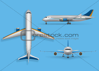 Realistic passenger airplane mock up, airliner in top, side, front view. Modern aircraft flight isolated on blue background. 3d airplane transport design. Vector illustration