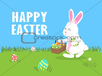 Easter Day, Joyful White Bunny do Egg Hunting in Yard