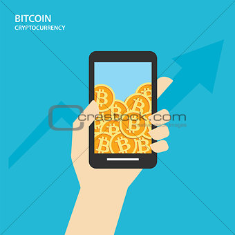 Bitcoin on smartphones with human hand. Cryptocurrency market co