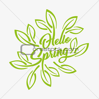 Hello Spring green stylized inscription on a white background, badge typography icon. Lettering spring season with leaf for greeting card, invitation template. Retro, vintage lettering banner poster template background