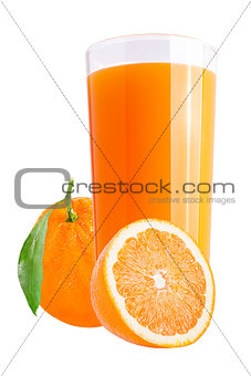 Fresh orange juices on white with fresh fruit