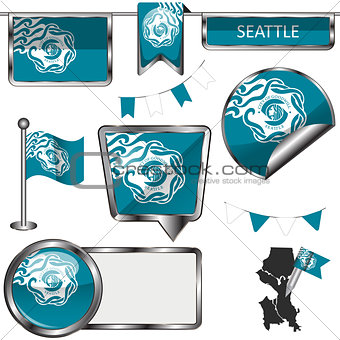 Glossy icons with flag of Seattle