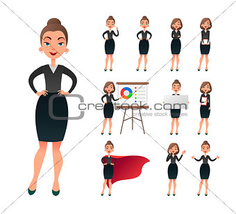 Pretty businesswoman working character set. Sucessful entrepreneur lady in office work situations. Confident young manager in the workplace.